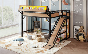 English Elm Full Size Kids Metal Loft Bed with Slide Wardrobe USB Charging and LED Strip Lights W5316S00036