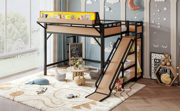 English Elm Full Size Kids Metal Loft Bed with Slide Wardrobe USB Charging and LED Strip Lights W5316S00036