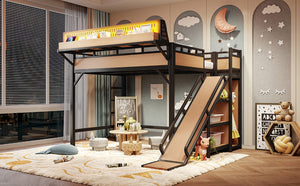 English Elm Full Size Kids Metal Loft Bed with Slide Wardrobe USB Charging and LED Strip Lights W5316S00036