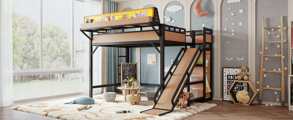 English Elm Full Size Kids Metal Loft Bed with Slide Wardrobe USB Charging and LED Strip Lights W5316S00036