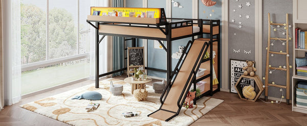 English Elm Full Size Kids Metal Loft Bed with Slide Wardrobe USB Charging and LED Strip Lights W5316S00036