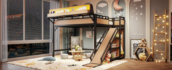English Elm Full Size Kids Metal Loft Bed with Slide Wardrobe USB Charging and LED Strip Lights W5316S00036