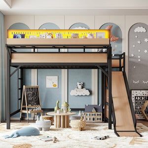 English Elm Full Size Kids Metal Loft Bed with Slide Wardrobe USB Charging and LED Strip Lights W5316S00036