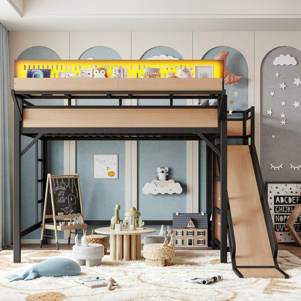 English Elm Full Size Kids Metal Loft Bed with Slide Wardrobe USB Charging and LED Strip Lights W5316S00036