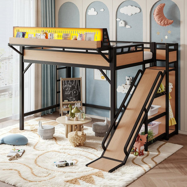 English Elm Full Size Kids Metal Loft Bed with Slide Wardrobe USB Charging and LED Strip Lights W5316S00036