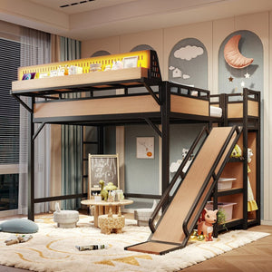 English Elm Full Size Kids Metal Loft Bed with Slide Wardrobe USB Charging and LED Strip Lights W5316S00036