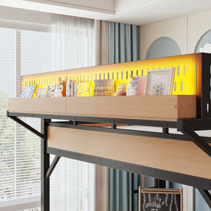 English Elm Full Size Kids Metal Loft Bed with Slide Wardrobe USB Charging and LED Strip Lights W5316S00036