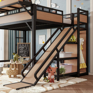 English Elm Full Size Kids Metal Loft Bed with Slide Wardrobe USB Charging and LED Strip Lights W5316S00036