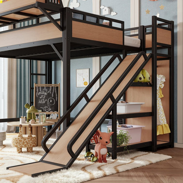 English Elm Full Size Kids Metal Loft Bed with Slide Wardrobe USB Charging and LED Strip Lights W5316S00036