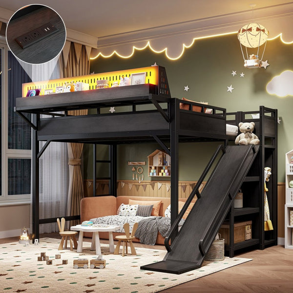 English Elm Queen Metal Loft Bed with Slide Wardrobe LED Lighting USB Ports and Storage Shelves Black W5316S00037