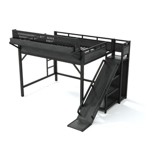 English Elm Queen Metal Loft Bed with Slide Wardrobe LED Lighting USB Ports and Storage Shelves Black W5316S00037