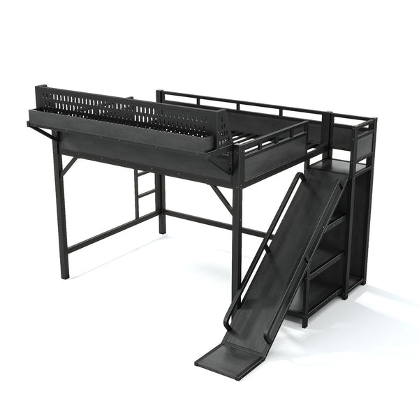 English Elm Queen Metal Loft Bed with Slide Wardrobe LED Lighting USB Ports and Storage Shelves Black W5316S00037