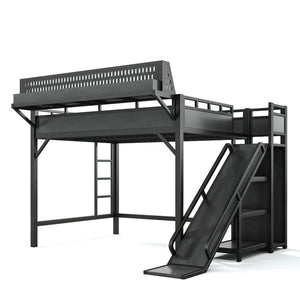 English Elm Queen Metal Loft Bed with Slide Wardrobe LED Lighting USB Ports and Storage Shelves Black W5316S00037