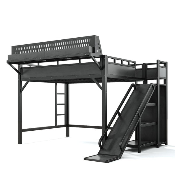 English Elm Queen Metal Loft Bed with Slide Wardrobe LED Lighting USB Ports and Storage Shelves Black W5316S00037