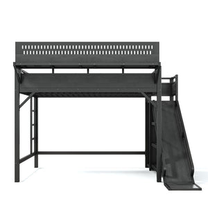 English Elm Queen Metal Loft Bed with Slide Wardrobe LED Lighting USB Ports and Storage Shelves Black W5316S00037