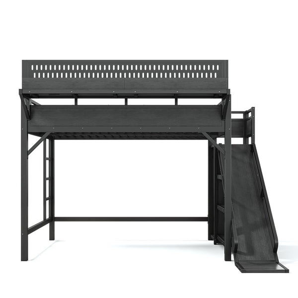 English Elm Queen Metal Loft Bed with Slide Wardrobe LED Lighting USB Ports and Storage Shelves Black W5316S00037