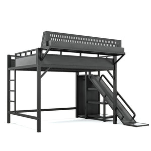 English Elm Queen Metal Loft Bed with Slide Wardrobe LED Lighting USB Ports and Storage Shelves Black W5316S00037