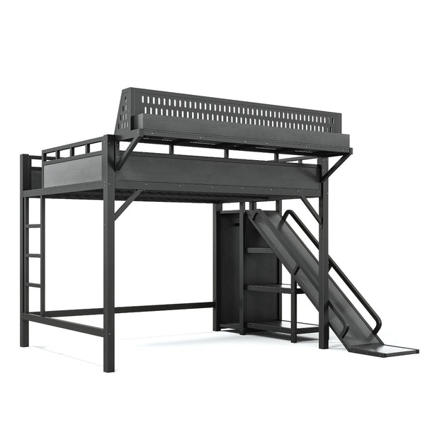 English Elm Queen Metal Loft Bed with Slide Wardrobe LED Lighting USB Ports and Storage Shelves Black W5316S00037