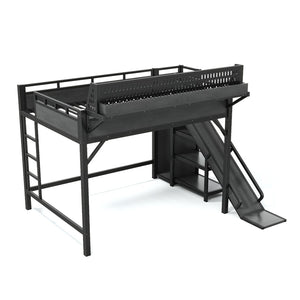 English Elm Queen Metal Loft Bed with Slide Wardrobe LED Lighting USB Ports and Storage Shelves Black W5316S00037