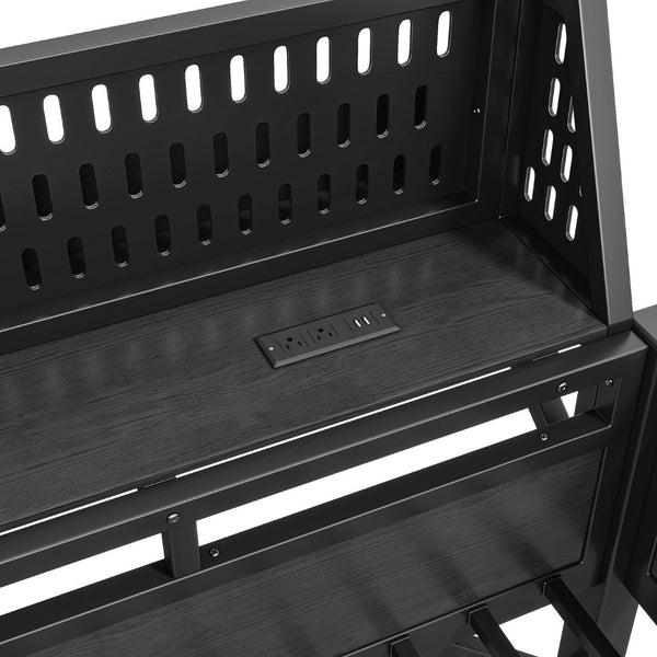 English Elm Queen Metal Loft Bed with Slide Wardrobe LED Lighting USB Ports and Storage Shelves Black W5316S00037