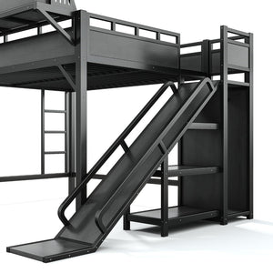 English Elm Queen Metal Loft Bed with Slide Wardrobe LED Lighting USB Ports and Storage Shelves Black W5316S00037