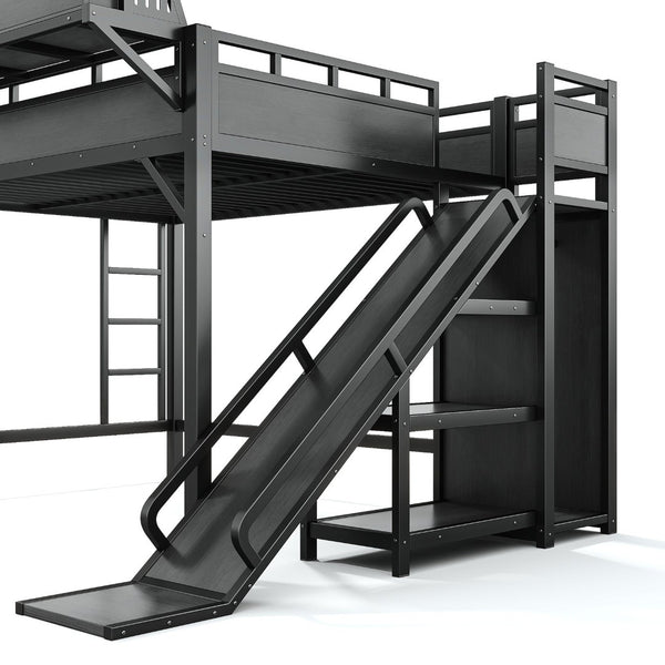 English Elm Queen Metal Loft Bed with Slide Wardrobe LED Lighting USB Ports and Storage Shelves Black W5316S00037