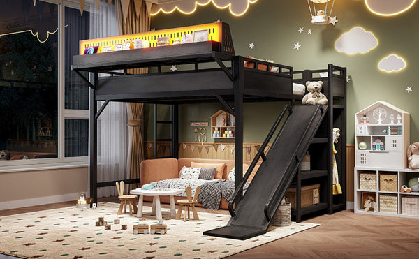 English Elm Queen Metal Loft Bed with Slide Wardrobe LED Lighting USB Ports and Storage Shelves Black W5316S00037