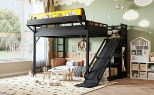English Elm Queen Metal Loft Bed with Slide Wardrobe LED Lighting USB Ports and Storage Shelves Black W5316S00037