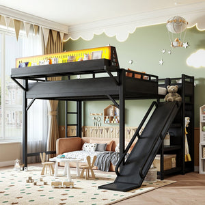 English Elm Queen Metal Loft Bed with Slide Wardrobe LED Lighting USB Ports and Storage Shelves Black W5316S00037