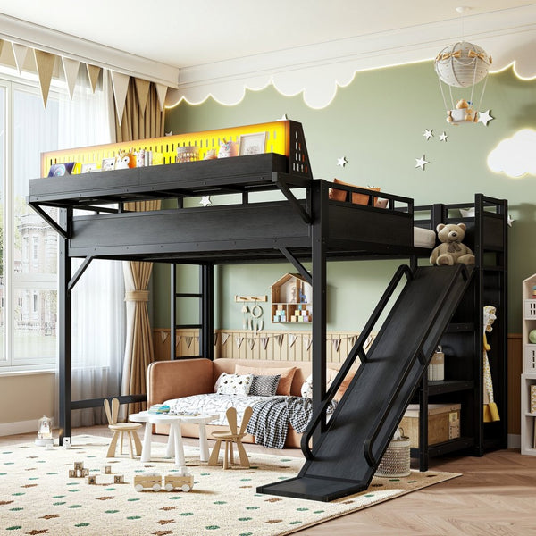 English Elm Queen Metal Loft Bed with Slide Wardrobe LED Lighting USB Ports and Storage Shelves Black W5316S00037