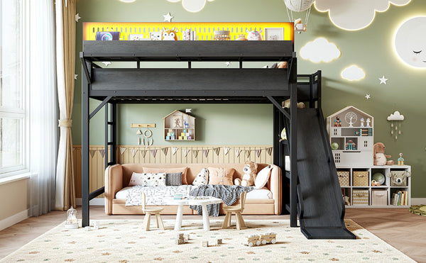 English Elm Queen Metal Loft Bed with Slide Wardrobe LED Lighting USB Ports and Storage Shelves Black W5316S00037