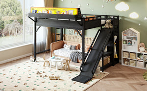 English Elm Queen Metal Loft Bed with Slide Wardrobe LED Lighting USB Ports and Storage Shelves Black W5316S00037
