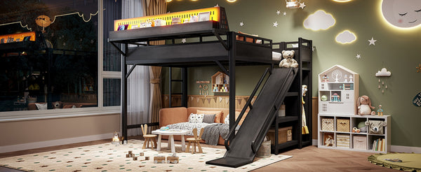 English Elm Queen Metal Loft Bed with Slide Wardrobe LED Lighting USB Ports and Storage Shelves Black W5316S00037