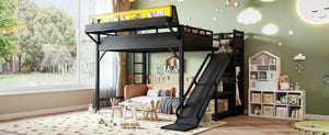English Elm Queen Metal Loft Bed with Slide Wardrobe LED Lighting USB Ports and Storage Shelves Black W5316S00037