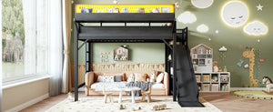 English Elm Queen Metal Loft Bed with Slide Wardrobe LED Lighting USB Ports and Storage Shelves Black W5316S00037