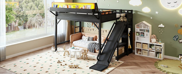 English Elm Queen Metal Loft Bed with Slide Wardrobe LED Lighting USB Ports and Storage Shelves Black W5316S00037