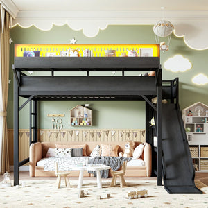 English Elm Queen Metal Loft Bed with Slide Wardrobe LED Lighting USB Ports and Storage Shelves Black W5316S00037