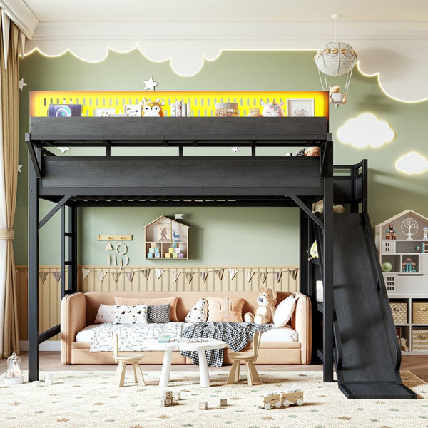 English Elm Queen Metal Loft Bed with Slide Wardrobe LED Lighting USB Ports and Storage Shelves Black W5316S00037