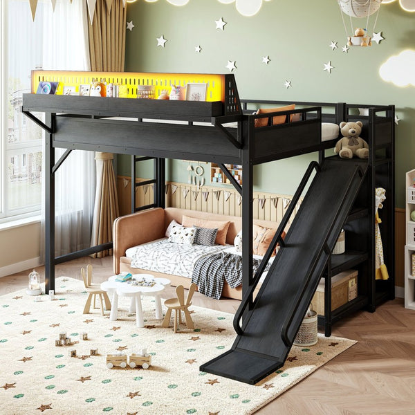 English Elm Queen Metal Loft Bed with Slide Wardrobe LED Lighting USB Ports and Storage Shelves Black W5316S00037