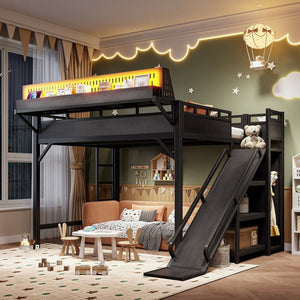 English Elm Queen Metal Loft Bed with Slide Wardrobe LED Lighting USB Ports and Storage Shelves Black W5316S00037