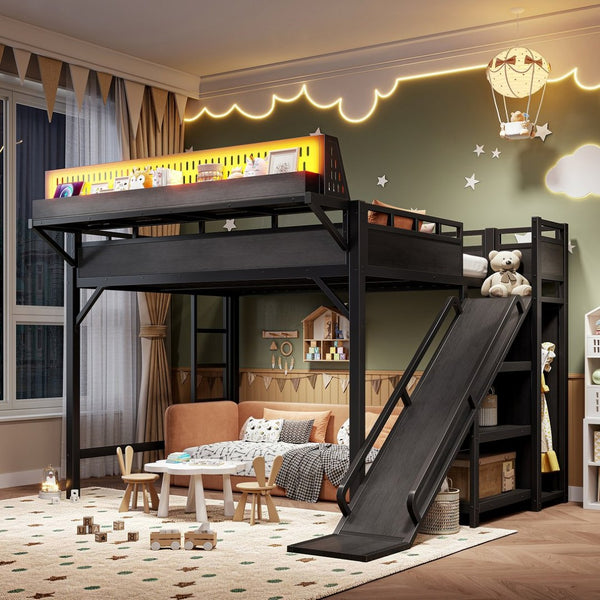 English Elm Queen Metal Loft Bed with Slide Wardrobe LED Lighting USB Ports and Storage Shelves Black W5316S00037