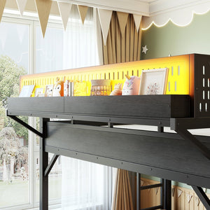English Elm Queen Metal Loft Bed with Slide Wardrobe LED Lighting USB Ports and Storage Shelves Black W5316S00037