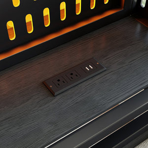 English Elm Queen Metal Loft Bed with Slide Wardrobe LED Lighting USB Ports and Storage Shelves Black W5316S00037