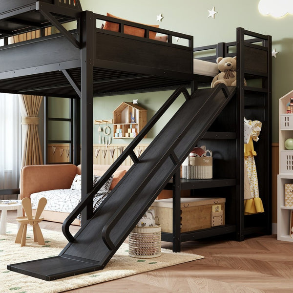 English Elm Queen Metal Loft Bed with Slide Wardrobe LED Lighting USB Ports and Storage Shelves Black W5316S00037