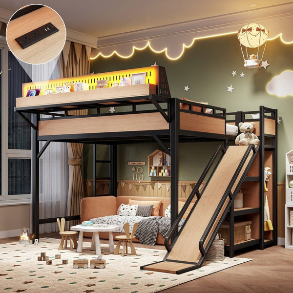 English Elm Queen Metal Loft Bed with Slide Wardrobe LED Lighting USB Ports and Storage Shelves Natural W5316S00038