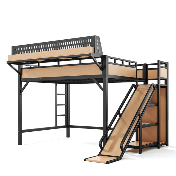 English Elm Queen Metal Loft Bed with Slide Wardrobe LED Lighting USB Ports and Storage Shelves Natural W5316S00038
