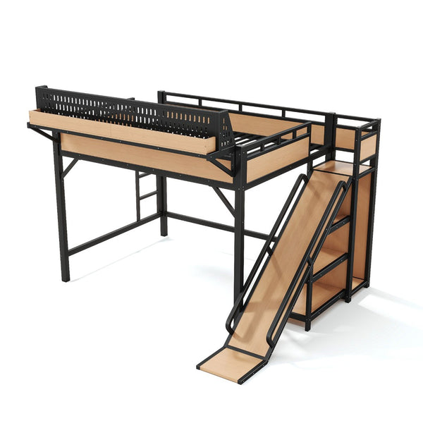 English Elm Queen Metal Loft Bed with Slide Wardrobe LED Lighting USB Ports and Storage Shelves Natural W5316S00038
