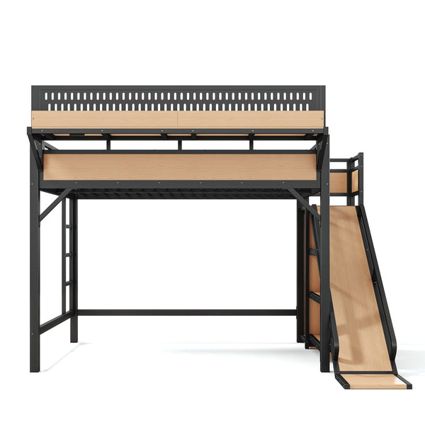 English Elm Queen Metal Loft Bed with Slide Wardrobe LED Lighting USB Ports and Storage Shelves Natural W5316S00038
