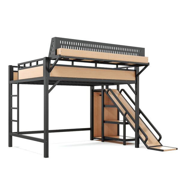 English Elm Queen Metal Loft Bed with Slide Wardrobe LED Lighting USB Ports and Storage Shelves Natural W5316S00038