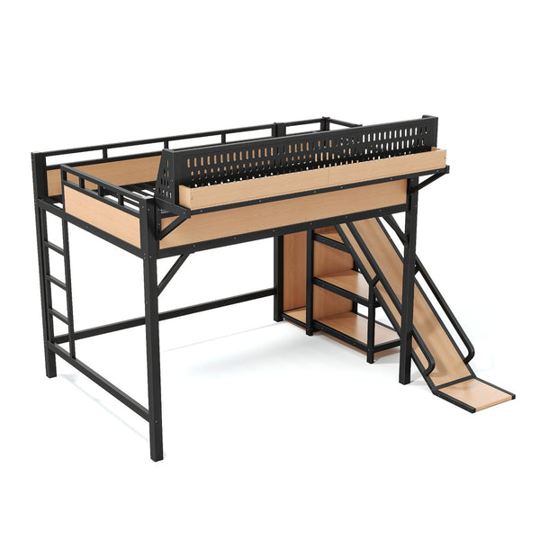 English Elm Queen Metal Loft Bed with Slide Wardrobe LED Lighting USB Ports and Storage Shelves Natural W5316S00038